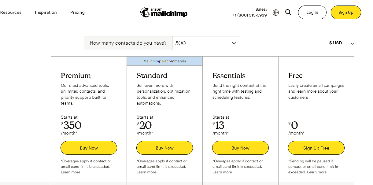 Screenshot of Mailchimp's pricing and plans 