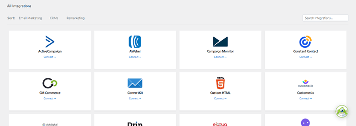 OptinMonster integrations list screenshot