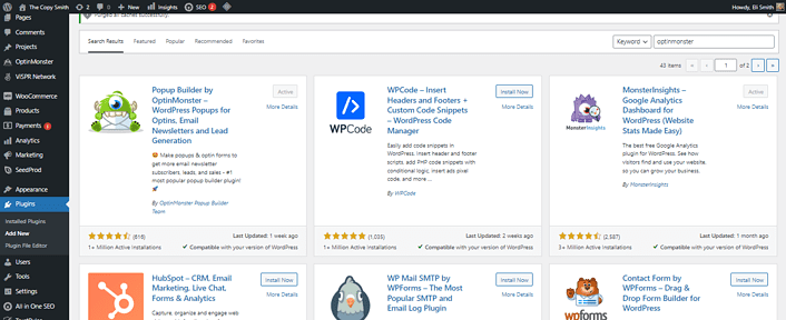 Searching for OptinMonster through your WordPress website screenshot
