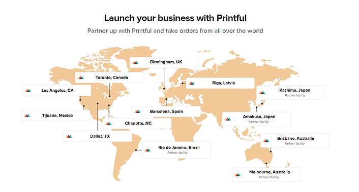 Screenshot of Printful fulfillment centers around the world