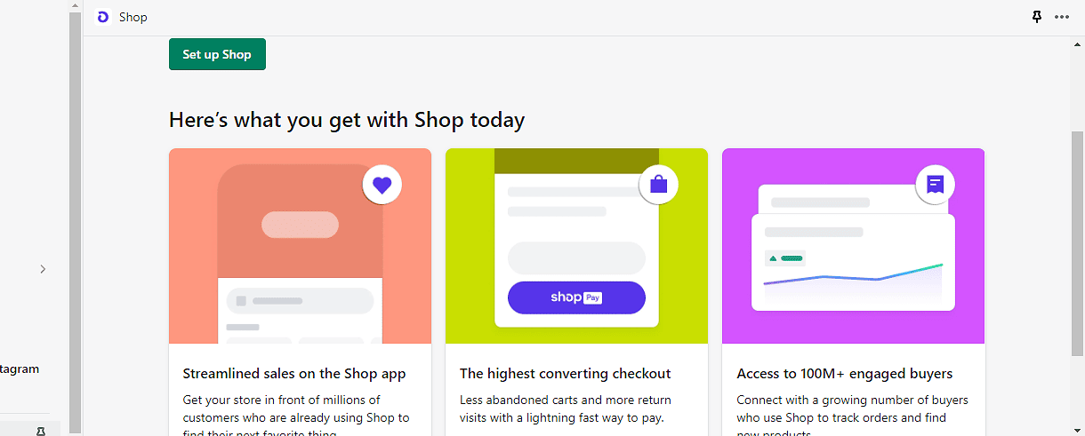 Shopify dashboard showing the shop app after installation 