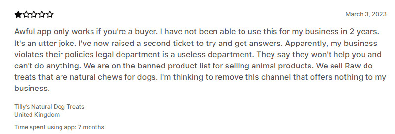 Negative review of Shopify Shop App - store owner is unable to use app for business over the past two years because they sell raw dog treats 