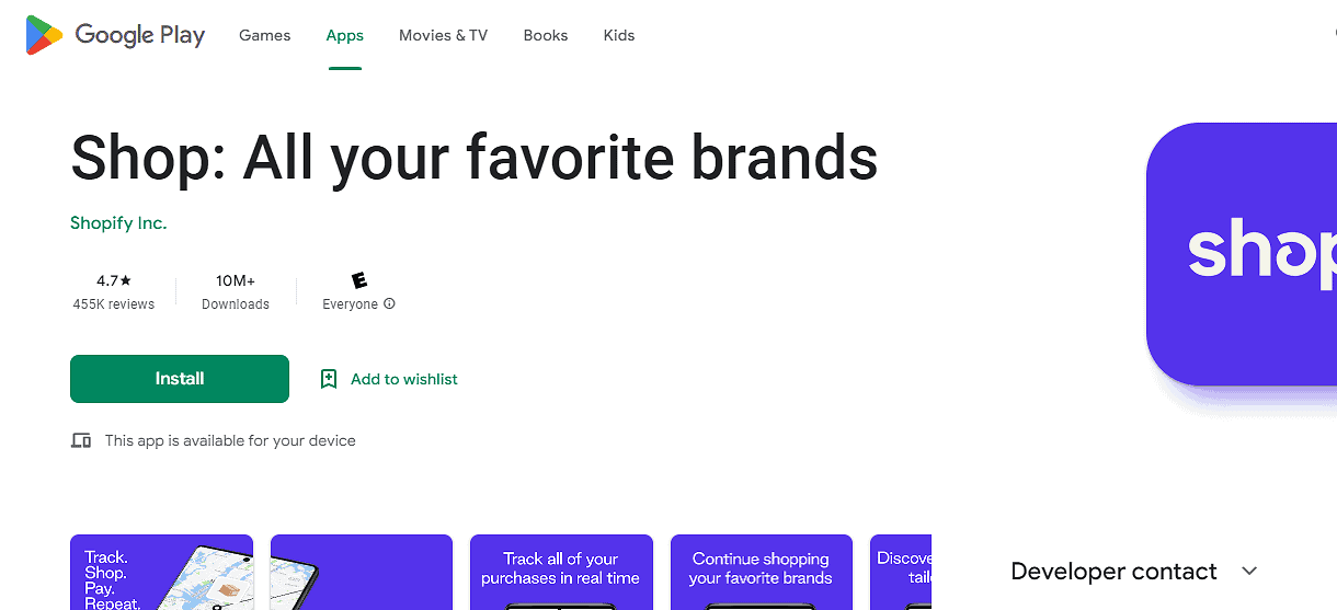 Shopify's Shop App Google Play Store download page 